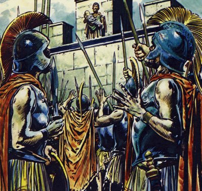 Alexander den Store var søn af Filip II af Makedonien (farvelitografi) af Jesus Blasco
