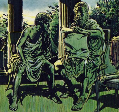 Philip fik Aristoteles til at undervise sin søn (farvelitografi) af Jesus Blasco