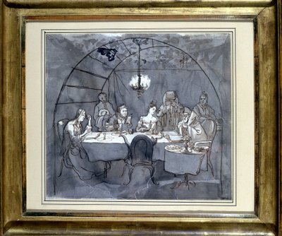 Fête des Cabanes på restauranten Kasher af familien til Moses Ulmann. Tegning på papir, pennevask i 1831 35,5 x 31,3 cm. (JM 189) Jødisk Museum Basel, Schweiz. af Jewish School