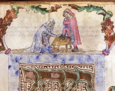 Jødedom: Hebraisk ritual for fodvask (afvaskning) af den rejsende. Miniature fra et hebraisk manuskript fra det 14. århundrede. Biblioteca Palatina, Parma af Jewish School
