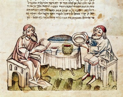Jødedom: "" to rabbinere fejrer påske med ceremonien for Seder"" Miniature fra en Mahzor (bønnebog på hebraisk) 15. århundredes Parma, Biblioteca Palatina af Jewish School