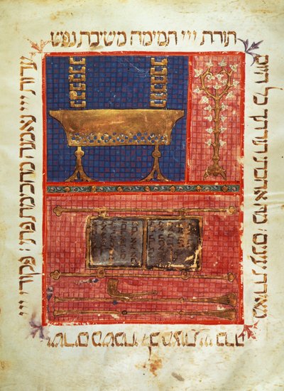 Side af et manuskript af en hebraisk bibel. Genstande for tilbedelse. 14. århundredes belysning. af Jewish School