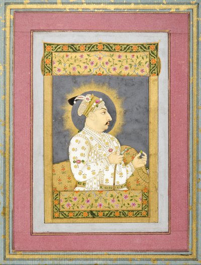 Portræt af Muhammad Shah, der holder en smaragd og mundstykket af en Huqqa, ca. 1730 blæk med wc og guld på papir af Jharokha Nidha Mal