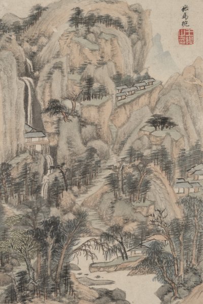 Landskab i stil med forskellige gamle mestre: I stil med Ma Wan, 1669 (blæk og farve på papir) af Wang Jian