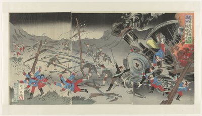 Ødelæggelse af jernbanen i Manchuriet under den russisk-japanske krig Nichiro Shiberia tetsudô Manshûsen hakai no zu (titel på objekt) af Jinsai Rosetsu