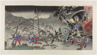 Ødelæggelse af jernbanen i Manchuriet under den russisk-japanske krig Nichiro Shiberia tetsudô Manshûsen hakai no zu (titel på objekt) af Jinsai Rosetsu