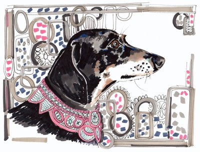 Lacey Gravhunden, 2013, (pen, blæk på papir) af Jo Chambers