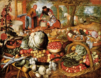 En grønthandlerbod med Flight Into Egypt hinsides af Joachim Beuckelaer