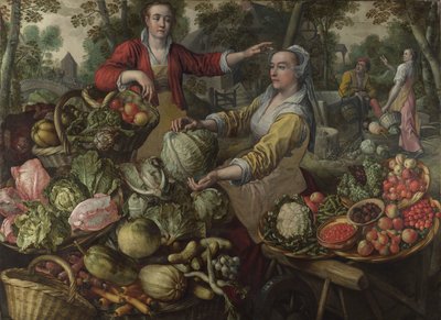 De fire elementer: Jorden. Et frugt- og grøntsagermarked med flugten til Egypten i baggrunden - af Beuckelaer (Beuckelaer), Joachim (1533-1574) - 1569 National Gallery, London af Joachim Beuckelaer