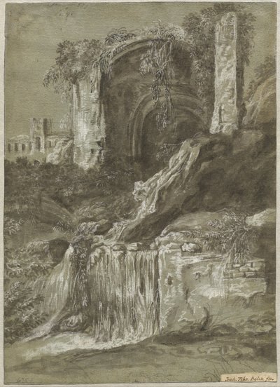 Et vandfald med ruiner (verso) af Joachim Franz Beich