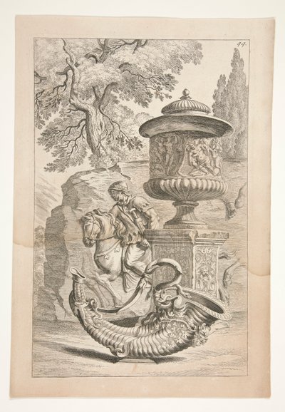 Et relief af krigere, en overdækket vase dekoreret med et bacchic relief og et overflødighedshorn i et landskab af Joachim von Sandrart