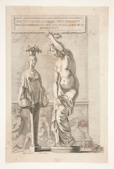 En statue og en kvindelig herm, der bærer vaser og frugt af Joachim von Sandrart
