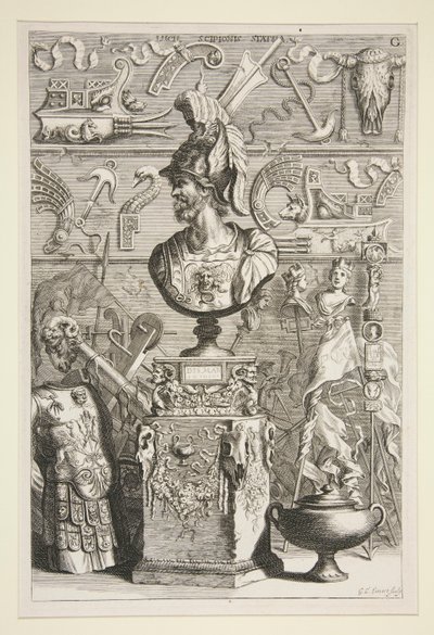 En statue af Lucius Sciopione, rustning og andre antikke bannere og fragmenter af Joachim von Sandrart