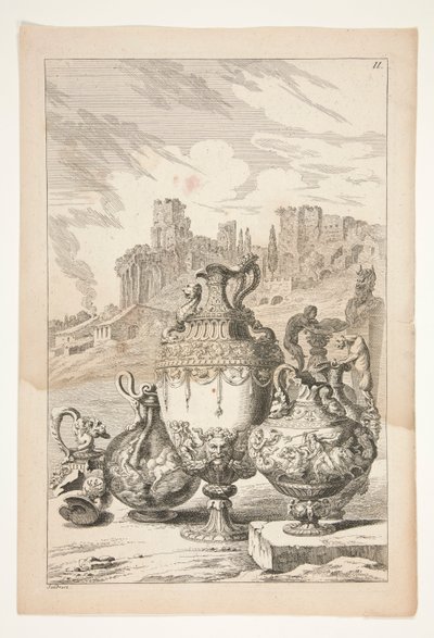 Fire vaser, en knust vase, en knækket lysestage og en herm i et landskab med klassiske ruiner af Joachim von Sandrart