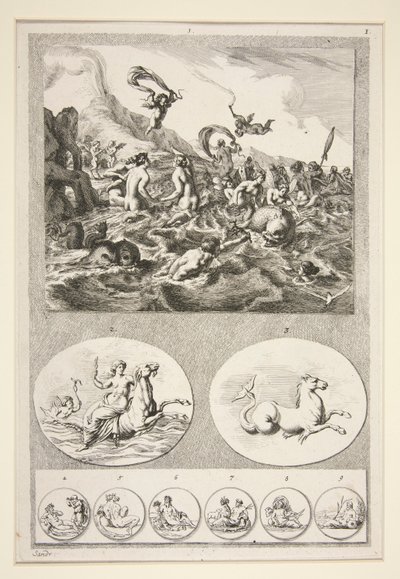Øverste halvdel: Nereids Sporting Nederste halvdel: To relieffer og seks mønter af Joachim von Sandrart