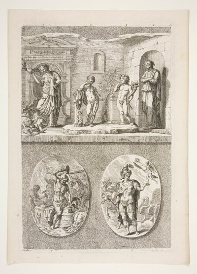 øverste halvdel: Fire antikke statuer nederste halvdel: Forge of Vulcan og A Victorious Roman General af Joachim von Sandrart