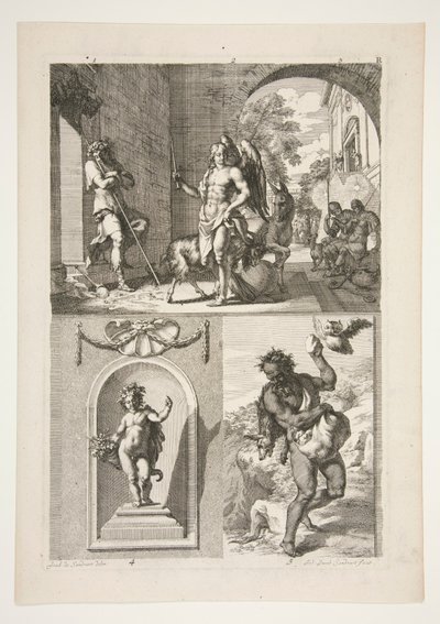 øverste halvdel: Ukendt religiøs Emne nederste halvdel: En statue af en putto i en niche og en statue af en faun i et landskab af Joachim von Sandrart
