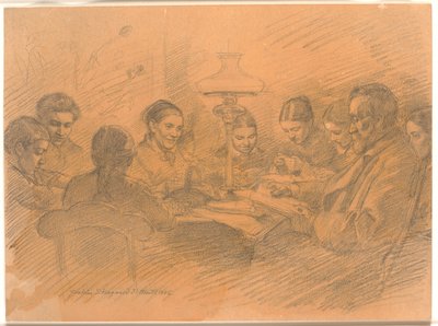 Familien Johan Lange samlet omkring lampen af Joakim Frederik Skovgaard