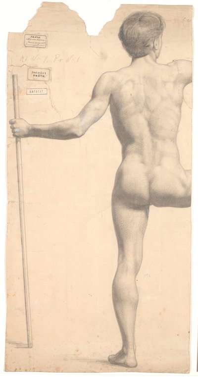 Stående mandlig model, set fra ryggen, stav i venstre hånd, højre arm og ben afskåret af Joakim Frederik Skovgaard