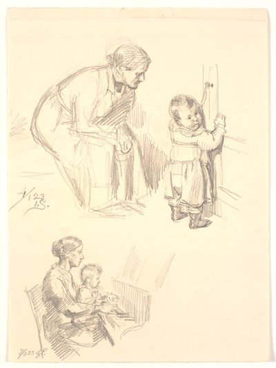 To figurstudier. Øverst en siddende kvinde som iagttager et barn ved en dør; nederst en kvinde med et banr ved klaveret af Joakim Frederik Skovgaard