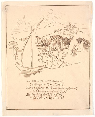 Udkast til sidste illustration med englebørnene i båden af Joakim Frederik Skovgaard
