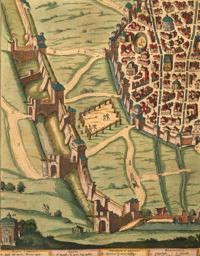 Kort over Bologna, fra Teatret i Italiens by, detalje af Joan Blaeu, gravering af Joan Blaeu