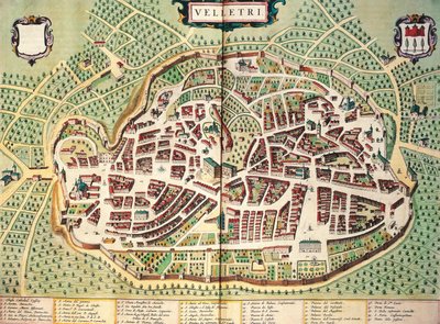 Kort over Velletri af Joan Blaeu, fra teatret af byer og vidundere i Italien, gravering af Joan Blaeu