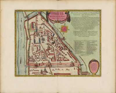 Moskva Kreml-kort fra det 16. århundrede (Castellum Urbis Moskvae), ca. 1600 (gravering og akvarel) af Joan Blaeu