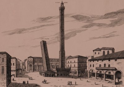 De to tårne (Asinelli og Garisenda), Bologna, Bologna, Emilia-Romagna, Italien, kobberstik, ca 21x29 cm af Joan Blaeu