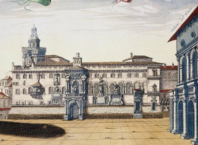 Udsigt over det gamle torv i Bologna, gravering af Giacomo Lauro og Joan Blaeu fra Teatret for byer og vidundere i Italien, udgivet i Amsterdam i 1663 af Joan Blaeu