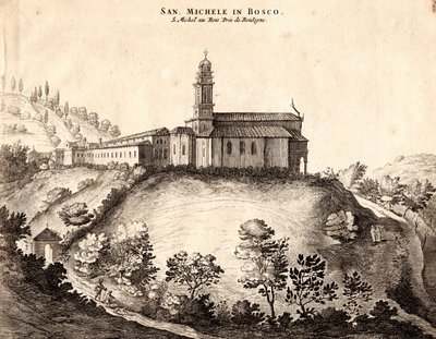 Udsigt over San Michele i Bosco Kloster, Bologna, Emilia-Romagna, Italien, kobberstik, ca 21x29 cm af Joan Blaeu