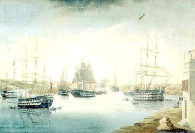Udsigt fra Mahon-døren, fra Fonduco med forskellige udenlandske fregatter af Joan Font
