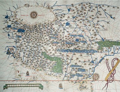 Kort over Asien, inklusive Armenien, Iran, Afghanistan, med vindrose, detaljer om havne, kyster og søruter, i Atlas de Joan Martines af Joan Martines