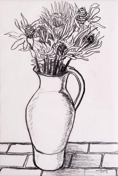 Brun kande med tørrede blomster, 2000,grafit af Joan Thewsey
