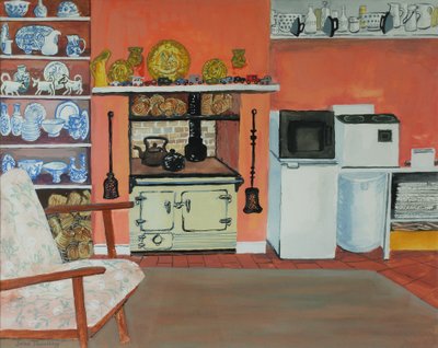 Cottage Kitchen,Red Cottage Studios,Suffolk med Rayburn,2000, gouache af Joan Thewsey
