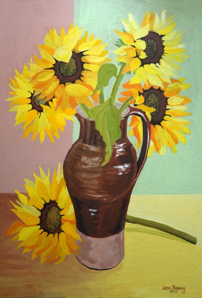Fem solsikker i en høj brun kande,2007 (gouache) af Joan Thewsey