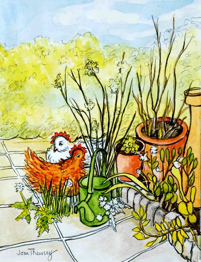 Høns og krukker, Lucy Redman Open Garden, 2000, (blyant med akvarel) af Joan Thewsey