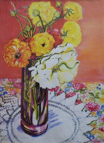 Ranunculus på en blondeklud, af Joan Thewsey
