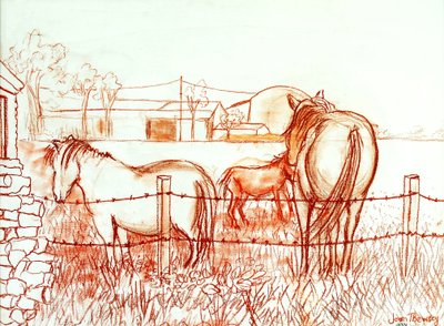 Serenade, Janie and a Donkey in the Meadow, 2000, (Terracotta Conte`) af Joan Thewsey