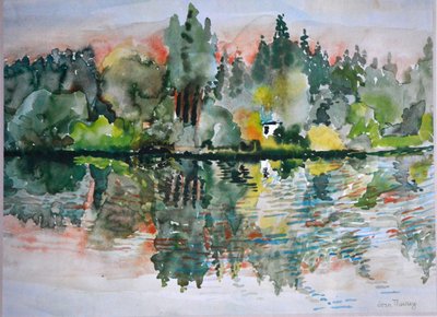 Søen ved solnedgang, Bremes les Ardres, 2000, af Joan Thewsey
