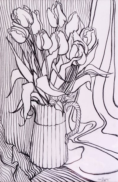 Tulipaner mod et stribet klæde,2000,grafit af Joan Thewsey