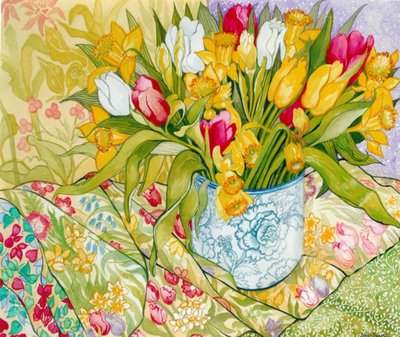 Tulipaner og påskeliljer med mønstrede tekstiler, 2000, (vandfarve) af Joan Thewsey