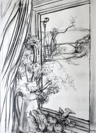 Udsigt gennem sommerhusvinduet,1970 (trækul) af Joan Thewsey