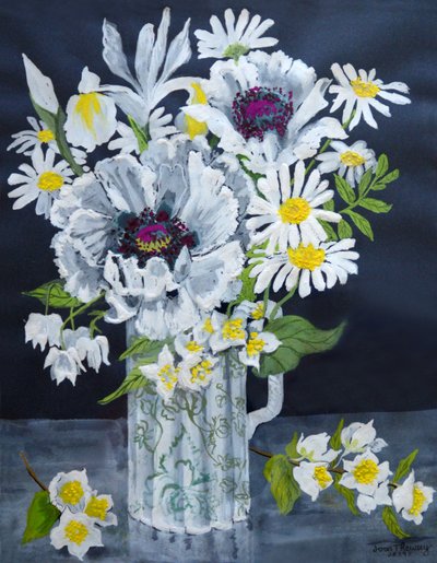 Hvide valmuer, Margueritter og Philadelphus, (gouache) af Joan Thewsey