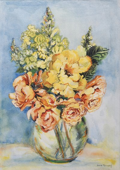 Yellow Roses and Antirrhinums, 2001, (wc på håndlavet papir) af Joan Thewsey