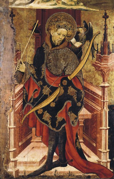 Sankt Sebastian og korsfæstelsen. ca. 1417-25 (tempera på træ) af Joan or Juan Mates
