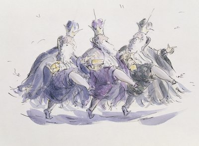 Three Kings Dancing a Jig (pen & blæk og wc på papir) af Joanna Logan