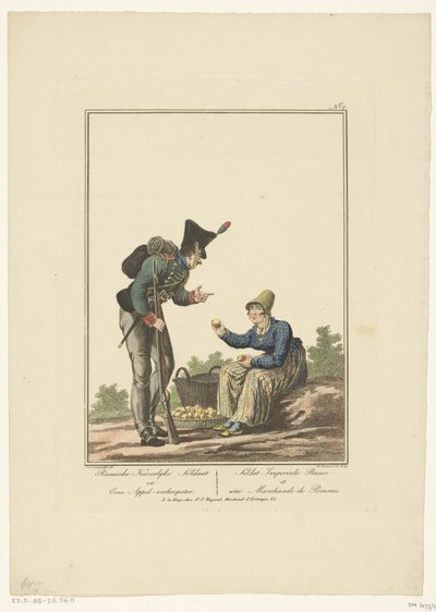 Stående soldat med en siddende æblesælger Russisk kejserlig soldat og en æblesælger (titel på objekt) Uniformer og kostumer (serietitel) af Joannes Bemme