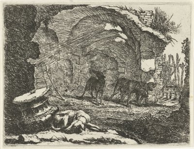 Fire hunde ved en ruin Hunde (serietitel) af Joannes Fijt