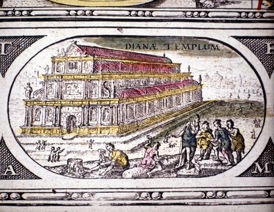 Repræsentation af antikkens syv vidundere: Dianatemplet (Artemis) i Efesos. i Atlas of Jansson Jannsonius trykt i Amsterdam i 1630. Privat samling. af Joannes Jansson